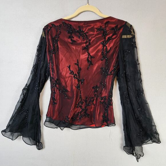 Caché 100% Silk Sheer Blouse Medium Beaded Bell Sleeves Red Black - Picture 2 of 12